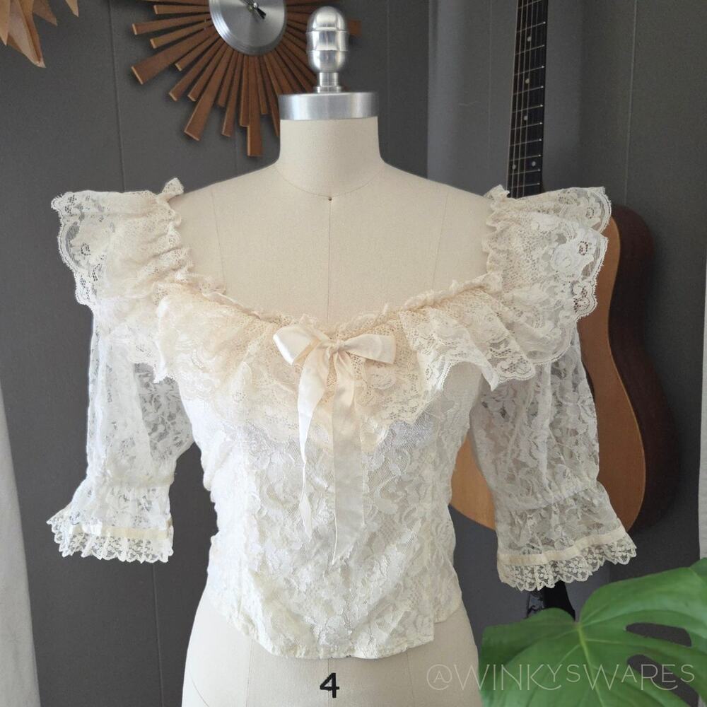 Gunne Sax Lace Top Size XS Cream Ruffle Prairie Vintage 70s Gunnies Romantic